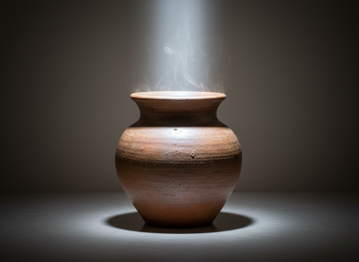 A sturdy, empty clay vessel with a matte, earthy glaze stands at the center of a smooth stone surface, its wide opening facing upward as if ready to be filled. From above, a gentle beam of diffused, cool white light pours down, creating a soft glow within the vessel while leaving the surroundings in subtle shadow. Wisps of almost imperceptible vapor-like light seem to rise and swirl around the rim, hinting at the unseen work of the Spirit. Photographic realism emphasizes fine textures in the clay and stone, with a minimalist, clean background that gradually blurs. Shot at eye level with centered composition, the mood is humble, expectant, and deeply peaceful, symbolizing yielding and openness to divine direction.