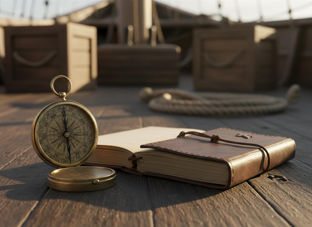An antique brass compass with a finely etched rose and a slightly tarnished, well-used casing rests on a rough-hewn dark wooden deck, its needle pointing steadily toward an unseen direction. Beside it lies a hand-bound leather journal, open to blank, cream-colored pages that catch a shaft of golden hour sunlight streaming from the side. The background fades into a soft bokeh of coiled ropes and blurred ship details, captured in photographic realism with a shallow depth of field. The atmosphere feels quiet, expectant, and reverent, suggesting preparation for a journey led by the Holy Spirit. Framed with the compass on the rule of thirds, the image emphasizes discernment and readiness rather than a clearly mapped route.