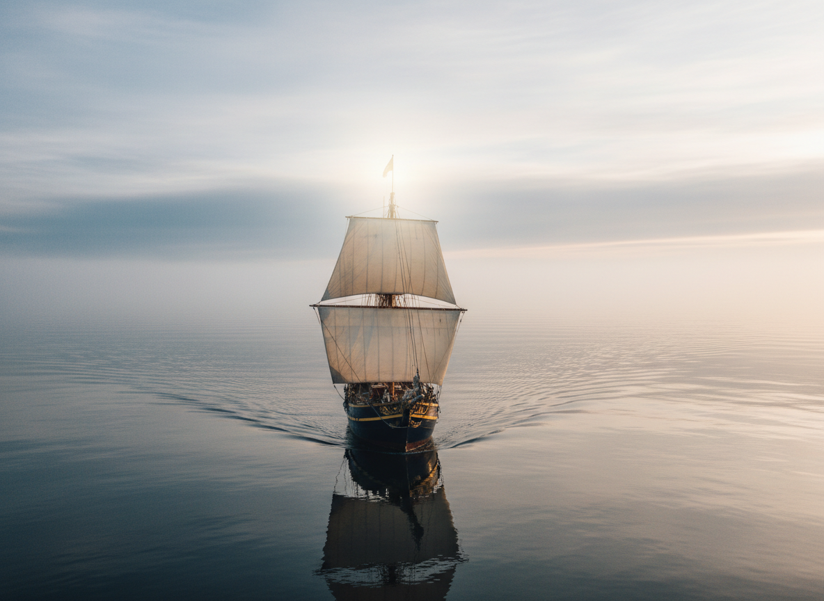 A weathered wooden sailing vessel, its hull rich with deep navy paint and golden trim, floats on a calm, glasslike sea that fades into mist at the horizon. The sails are unfurled, made of textured cream canvas subtly illuminated by soft morning sunlight breaking through low clouds. A faint, translucent glow surrounds the mast, suggesting the unseen presence of the Holy Spirit guiding its direction. Shot in photographic realism from a slightly elevated, wide-angle perspective, the boat is placed on the lower third of the frame, with expansive open water ahead. Gentle ripples and reflections create a serene, contemplative mood, symbolizing trust and obedience when the destination is still unknown.